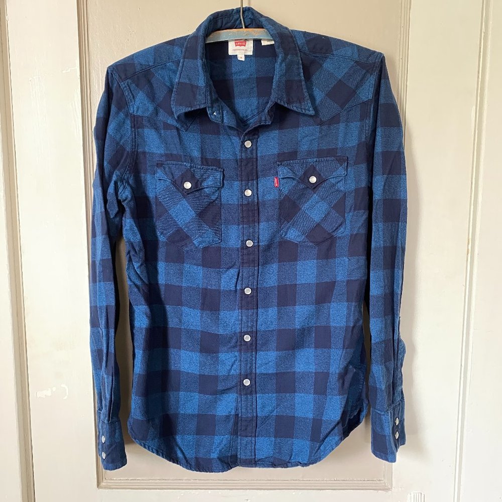 Levi's Western Blue Plaid Long Sleeve Snap Shirt, Size Small